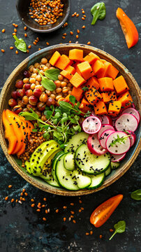 Vibrant vegan bowl featuring fresh vegetables, pumpkin, radis, grains, and seeds arranged aesthetically for a healthy meal. Perfect for food and lifestyle content. Top view, flat lay, isolated bowl