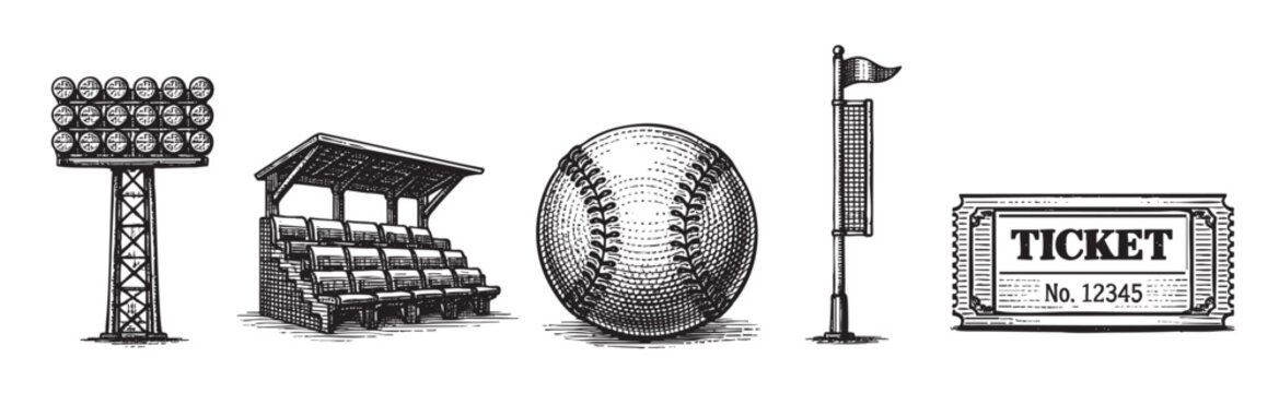 A black and white sketch of baseball stadium elements including floodlights, bleachers, baseball, foul pole, and ticket, rendered in a vintage style.