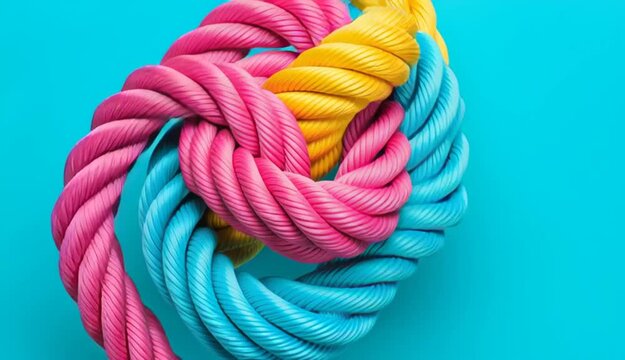 Three colorful twisted ropes tied together in knot, bright studio lighting, large depth of field