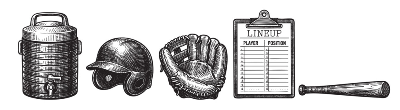 Vintage woodcut illustration of baseball essentials including a water cooler, helmet, glove, lineup card on a clipboard, and a bat against a white background.