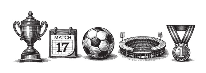 Obraz premium Engraved black and white illustration of soccer icons including a trophy, a calendar marking the 17th, a soccer ball, a stadium, and a first-place medal, on a white background.