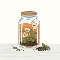 Herbal Tea Composition: A visual depiction of tranquility, showcasing a mason jar filled with a medley of aromatic herbs and tea, exuding a sense of relaxation and holistic wellness.