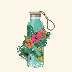 Floral Eco-Friendly Hydration: A stylish turquoise water bottle adorned with vibrant hibiscus flowers and tropical leaves embodies eco-conscious hydration. It merges function with floral charm.