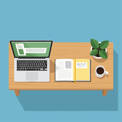 Workspace essentials:  A minimalist workspace showcases a laptop with an open notebook, potted plant, and a cup of coffee. It represents productivity, simplicity, and a connection with nature.