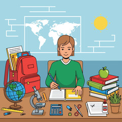 Homework Haven: A young student immersed in study, surrounded by essential school supplies, maps, and books, diligently focusing on his tasks in a bright, inviting learning environment.