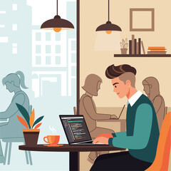 Focused Coding in Cafe: A focused individual intently codes on a laptop in a modern cafe setting, the ambiance suggesting productive work amidst a lively environment.