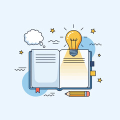 Illumination of Knowledge: An open book serves as a canvas for a bright idea. A thought bubble hovers. Stars twinkle, symbolizing the spark of innovation and boundless potential.