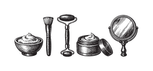 A black and white sketch of essential beauty tools including a facial roller, makeup brush, cream jars, and a hand mirror, perfect for beauty blogs and spa promotions.