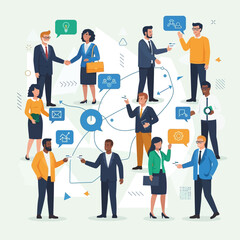 Network of Idea Sharing: A diverse group of people engage in business communication, sharing insights and forming connections through dynamic exchanges of thought.