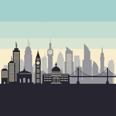 Cityscape Silhouette: An abstract city skyline featuring iconic buildings in a minimalist style, presenting a sense of urban elegance and architectural diversity. 