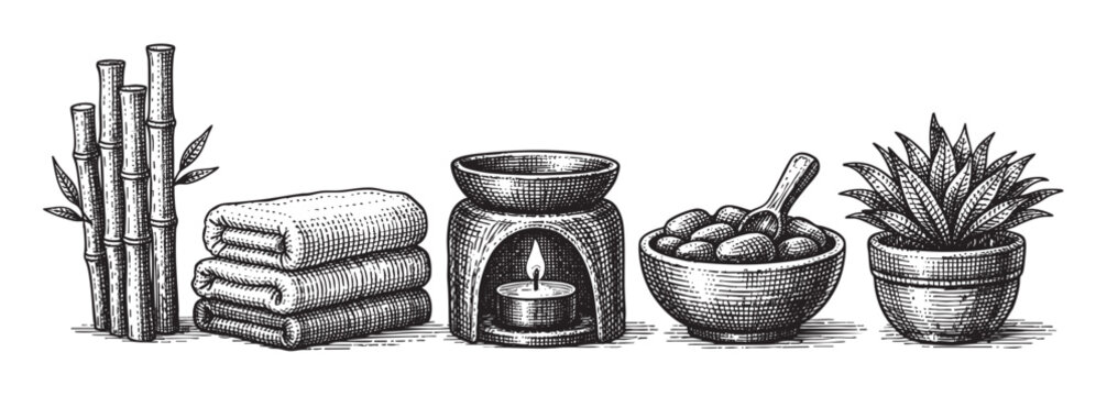 A whimsical line art illustration of spa and wellness items including bamboo stalks, folded towels, an oil diffuser with a lit candle, a bowl of stones, and a potted plant.
