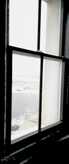 Photo of View Out of Lighthouse Window with Ocean Breaking on Rocks in Background- Duotone with Black and White with Light Dusty Blue (filtered photo)