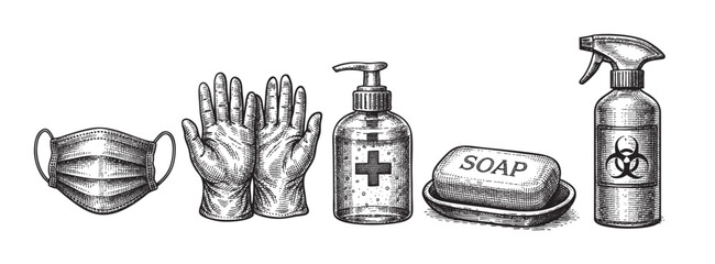 A set of hand-drawn style icons illustrating personal hygiene and protection items, including a surgical mask, gloves, hand sanitizer, bar soap, and a disinfectant spray with a biohazard symbol.