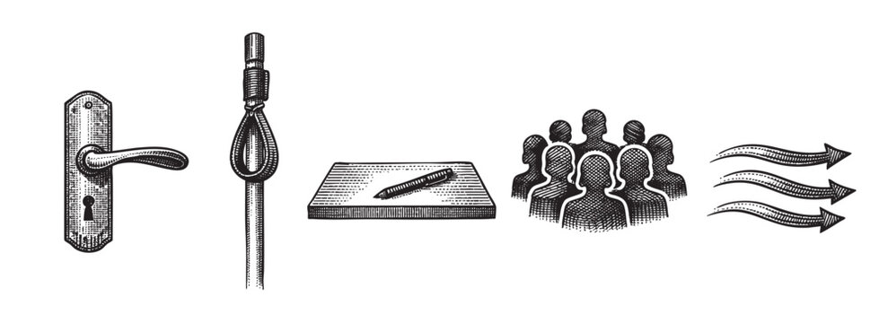 A collection of hand-drawn icons in a vintage style, including a door handle, a noose, a pen on a pad, a group of people, and three arrows.