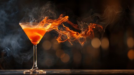 A vibrant cocktail in a martini glass engulfed in swirling flames, set against a blurred background