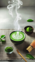 Hot matcha green tea latte with art foam and steam on table with whisk