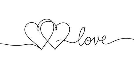Continuous Line Drawing of Two Hearts and Love Text isolated on transparent background