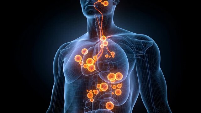 Medical illustration of human torso with highlighted lymphatic system and nodes, showing immunity, disease pathways, and internal anatomy in a modern science concept