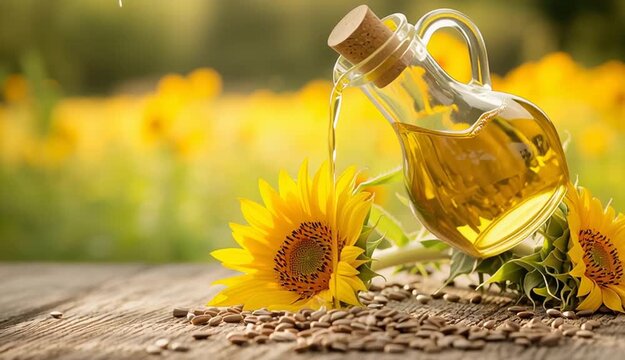 Glass carafe bottle of golden sunflower oil with cork stopper on rustic wooden table, pile of sunflower seeds scattered nearby