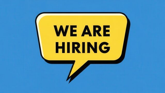We Are Hiring message in a yellow speech bubble on a blue background