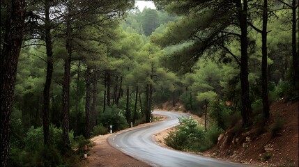 Obraz premium A winding road through lush, dense forest, leading into a serene and verdant landscape