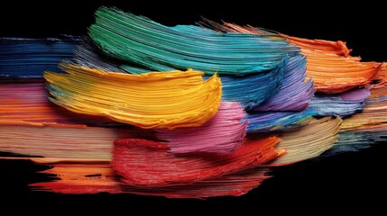 Vibrant brush strokes of multicolored abstract oil paint on black background.