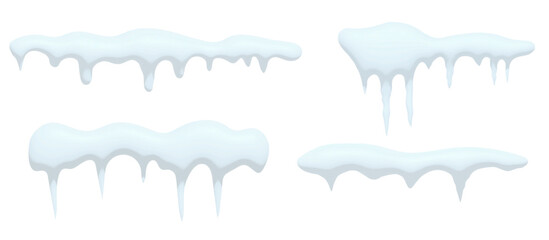 Winter snow elements with realistic 3D caps, icicles, and frost borders. Perfect for holiday frames, banners, and seasonal decoration designs with white snowdrifts.