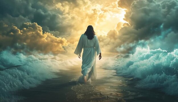 Jesus Christ walking on water, rear view from behind, long dark hair and flowing white biblical robes