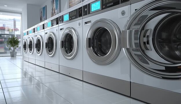 Row of commercial front-loading washing machines in laundromat, white machines with chrome silver circular doors