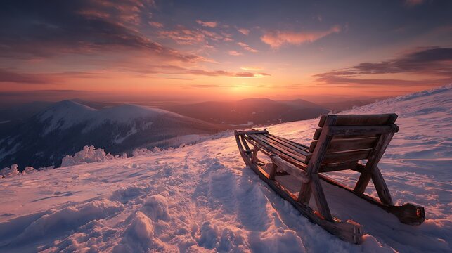 A wooden sled rests on a snowy mountain ridge, overlooking a stunning sunset over snow-capped peaks - Powered by Adobe