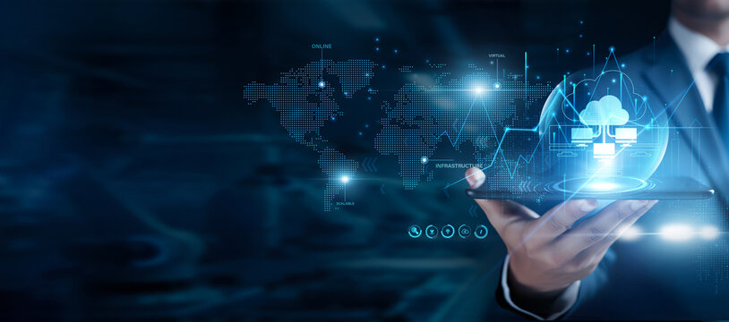 Businessman using the tab and analyzing cloud computing data, online storage, virtual servers, digital infrastructure, SaaS solutions, scalable technology, IT management