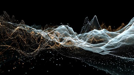 Abstract digital art piece showing light particles forming peaks and valleys over black background