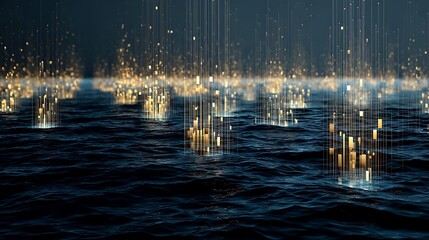 Abstract digital art shows an ocean surface with streams of golden light