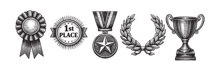 A black and white illustration featuring a collection of vintage award symbols including a rosette, a first place medal, a trophy, and a laurel wreath.