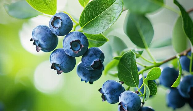 fresh blueberries growing on branch with green leaves, cluster of ripe blue berries showing characteristic star-shaped crown pattern