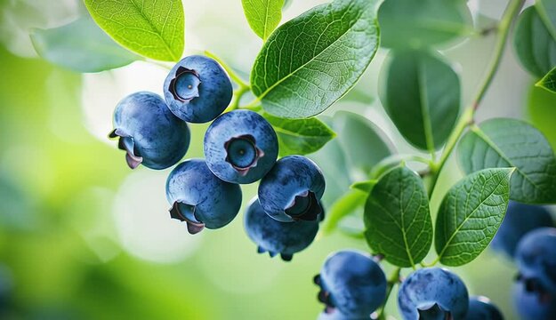 fresh blueberries growing on branch with green leaves, cluster of ripe blue berries showing characteristic star-shaped crown pattern
