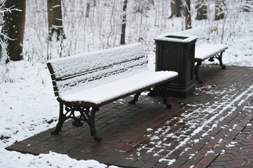 snow-covered bench in Tsaritsyno Park in Moscow