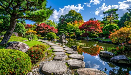 Fototapeta premium Japanese garden with stone path and small pond under clear sky