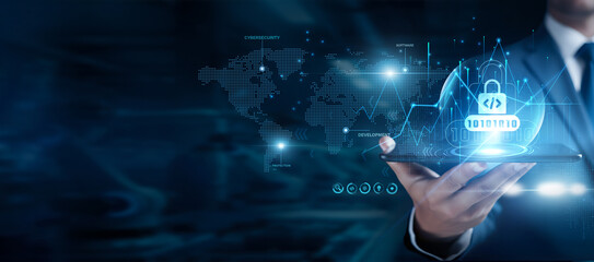 Businessman using the tab and analyzing secure coding data, software security practices, vulnerability prevention, cybersecurity development