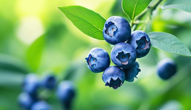 fresh blueberries growing on branch with green leaves, cluster of ripe blue berries showing characteristic star-shaped crown pattern