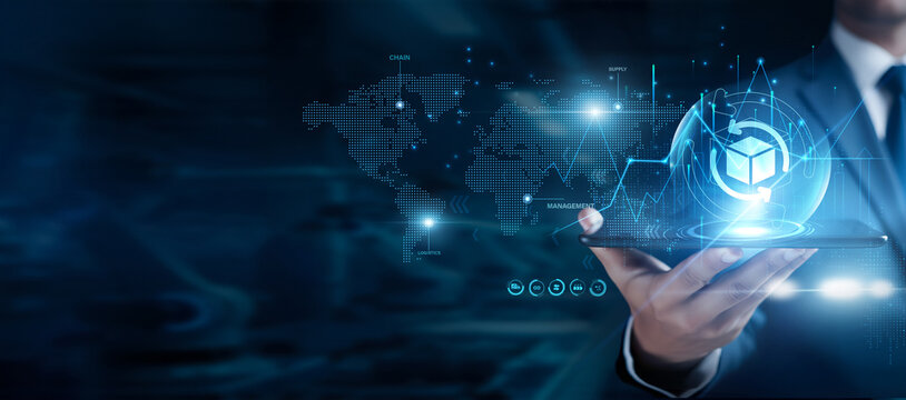 Businessman using the tab and analyzing SCM data, supply chain management, logistics optimization, inventory control, procurement analytics - Powered by Adobe