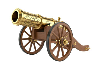 golden antique cannon on wooden carriage with brass details