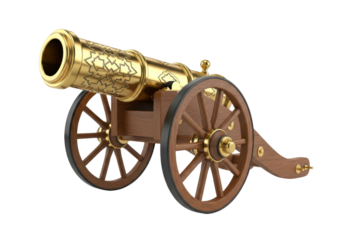 golden antique cannon on wooden carriage with brass details