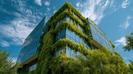 Modern glass building with green plant facade under blue sky.