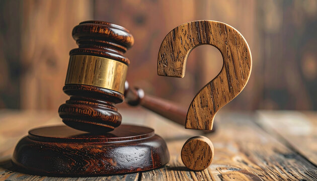 Wooden judge hammer placed and wooden question mark. Uncertainty in law and legal decisions.