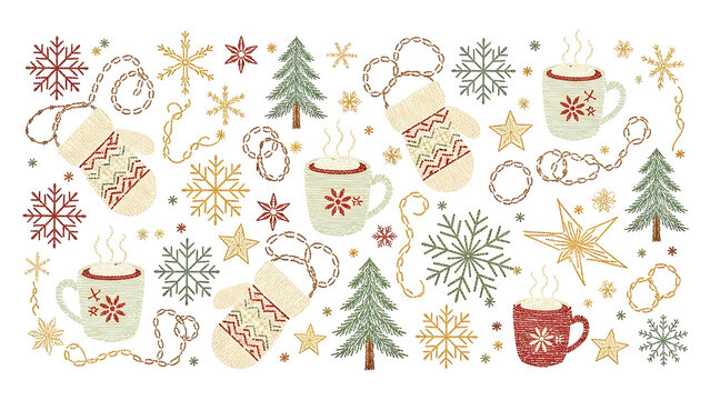 Christmas mugs mittens snowflakes and trees isolated on a transparent background