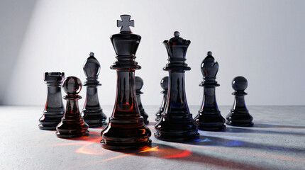 Elegant glass chess set on black board with rainbow light reflection