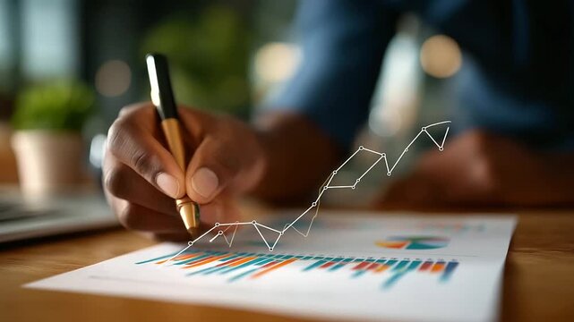 Close up of marker drawn trendline over a printed chart hand steady soft bokeh faceless data storytelling trend analysis manual charting printed graph marker line