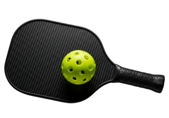 High-performance carbon fiber pickleball paddle and vibrant neon yellow ball on black, ideal for luxury sports brand advertising, modern e-commerce displays, and professional athletic equipment