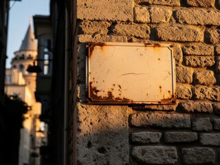 A sun-kissed rustic stone wall with a weathered blank sign and a glimpse of a historic city tower